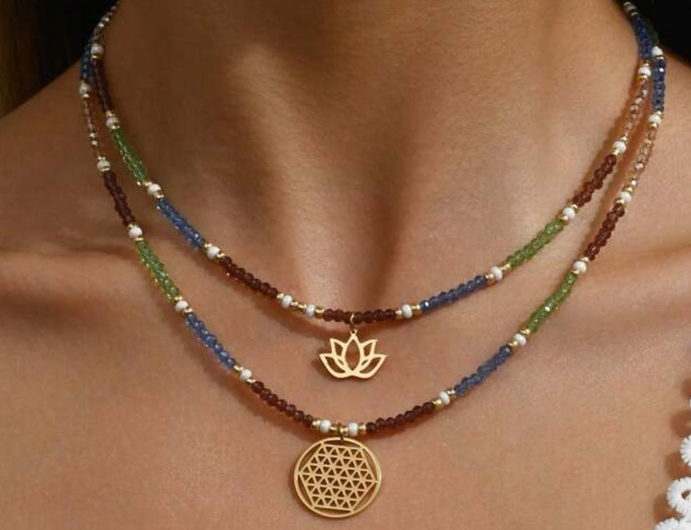 Collier 2 pièces fait main avec pendentif lotus et géométrique