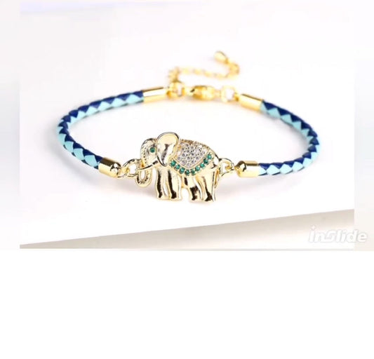 Bracelet en acier inoxydable et corde bleu et éléphant porte bonheur