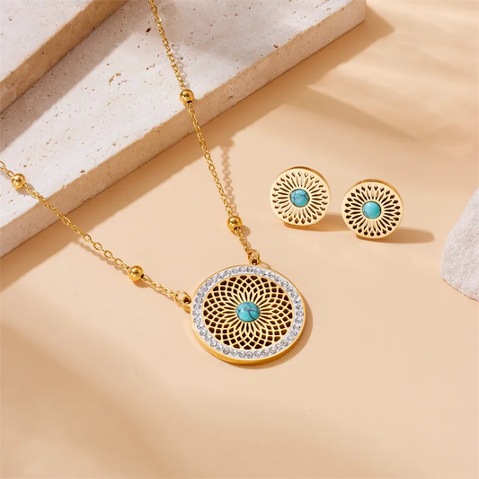 Parure collier + boucle d'oreille en acier inoxydable avec perle turquoise